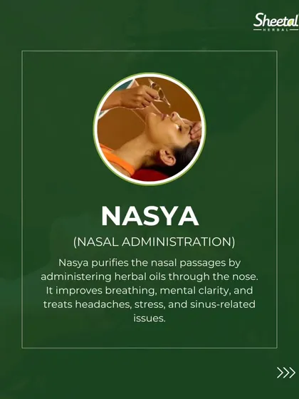 Nasya therapy involves administering herbal oils through the nasal passages, which Ayurveda considers the doorway to the brain. This treatment purifies the head and sinus channels, improving breathing, enhancing mental clarity, and providing relief from headaches and stress.