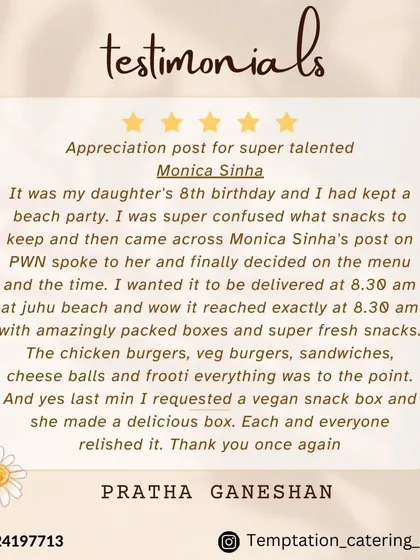 Punctuality is key, especially for a party. This client was thrilled that her order for a beach party arrived exactly on time, with fresh chicken burgers, sandwiches, and even a last-minute vegan snack box.