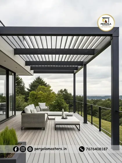 This sleek rafter pergola extends from the house, creating a seamless indoor-outdoor transition. Overlooking a stunning view, it provides a stylishly shaded area on the deck, perfect for enjoying the open air.