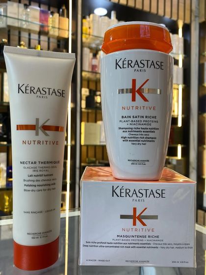 The Kérastase Nutritive range is perfect for dry to very dry hair. This collection includes a nourishing shampoo, a rich masque, and a heat-protecting cream to restore hydration and softness.