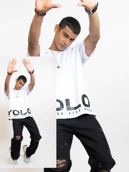 This collage shows a male model in a white graphic tee and distressed black jeans. The dynamic pose captures the youthful energy of the streetwear brand.