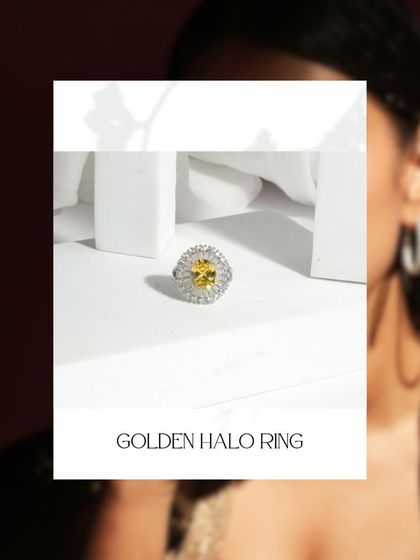 A stylized shot of the Golden Halo Ring, showcasing its radiant design. The central citrine glows against the sparkling diamond halo.