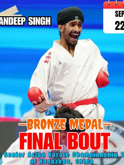A promotional graphic for my Bronze Medal final bout at the 20th Senior Asian Karate Championship. Reaching this level is a testament to years of relentless training and preparation.
