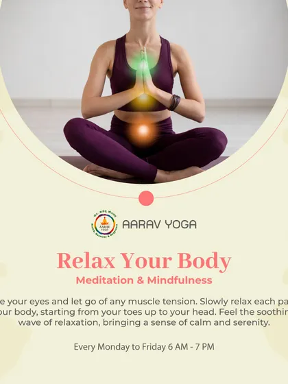 "Relax Your Body." This graphic explains the practice of mindfulness meditation, guiding you to close your eyes and release muscle tension to bring a sense of calm and serenity.