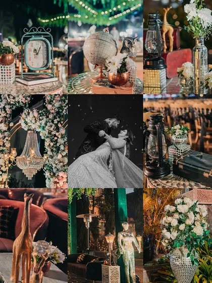 A mood board from a vintage travel-themed Sangeet, showing details like antique globes, lanterns, and lush floral arrangements. I love creating detailed and immersive themes.