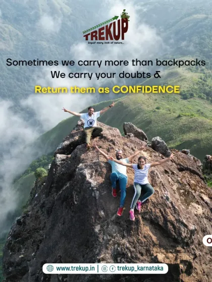 Our trek leads don't just carry backpacks; they carry your doubts and return them as confidence. Three trekkers celebrate reaching a rocky summit.