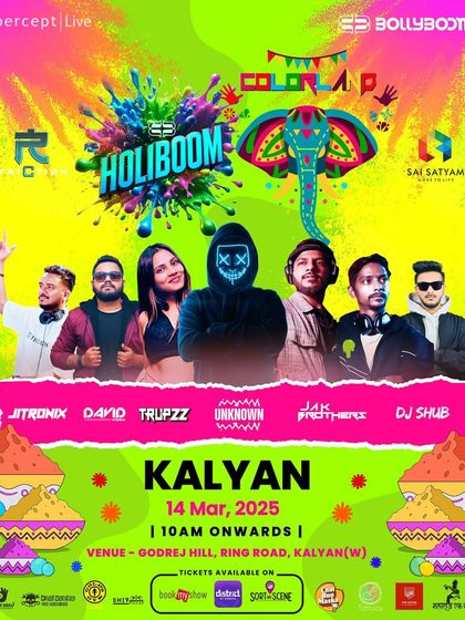 The event poster for Holiboom in Kalyan. The branding uses vibrant colors and festive elements that immediately communicate the energy of a Holi celebration.