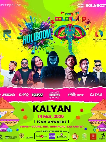 The event poster for Holiboom in Kalyan. The branding uses vibrant colors and festive elements that immediately communicate the energy of a Holi celebration.