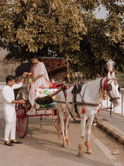 A chivalrous moment as the groom helps his bride into the carriage. This shot captures a classic, romantic gesture that adds to their love story.