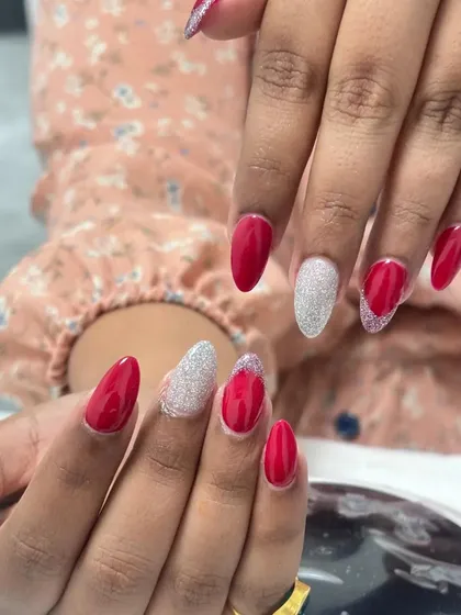 This shot shows the different glitter applications, from a full nail to a delicate tip, showcasing the versatility of sparkle.