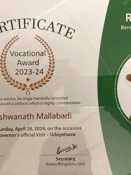 The framed certificate for the Vocational Award from Rotary Bengaluru Ullal.