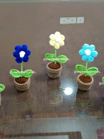 A lineup of our colorful crochet puffy flower pots. You can choose from red, blue, yellow, light blue, and pink, or request any other color you like.