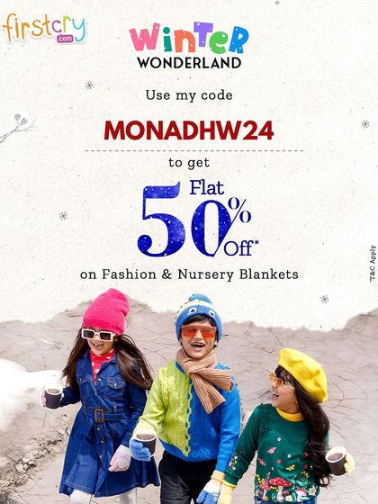 A promotional graphic for the Firstcry Winter Wonderland sale. I help my followers get the best deals on seasonal items like fashion and nursery blankets.