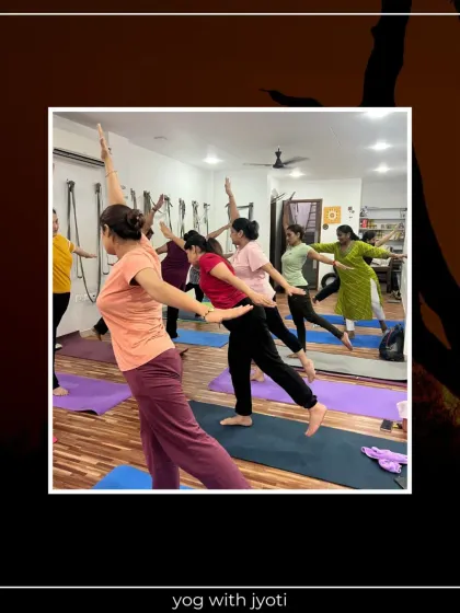 Students in Virabhadrasana III (Warrior III), a challenging balancing pose that strengthens the entire body.