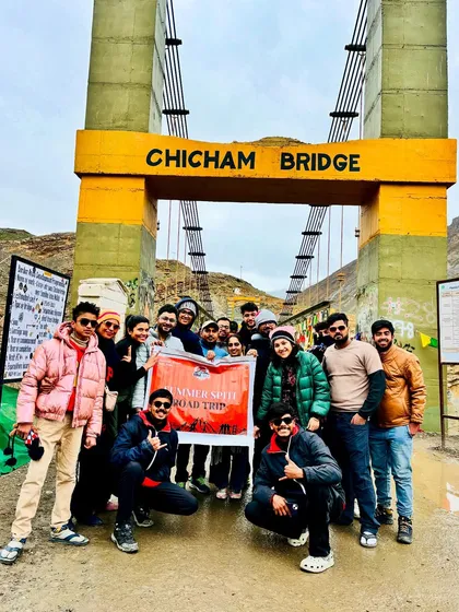 The team with our banner at the Chicham Bridge. It’s Asia's highest suspension bridge and crossing it is a definite highlight of the Spiti road trip.