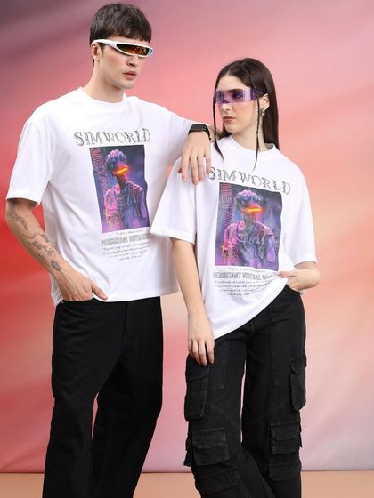 A duplicate of the white tee Metaverse look, reinforcing the strong visual concept of the campaign.