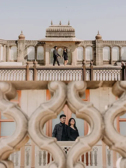 Creative framing at Vijay Vilas Palace. The top image captures the couple on a balcony, while the bottom shot peers through an ornate stone railing, creating a sense of a secret, stolen moment.
