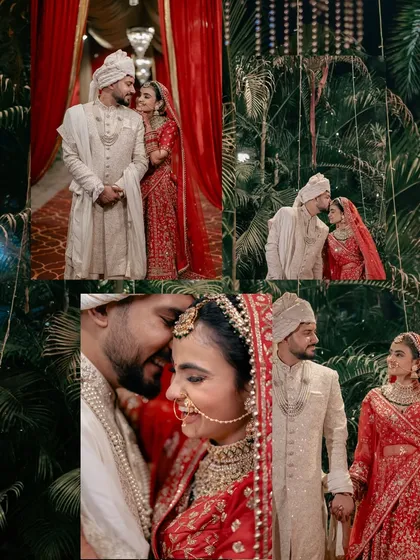 A collage of beautiful moments from the wedding day, showing the couple's journey from their grand entrance to their intimate portraits.