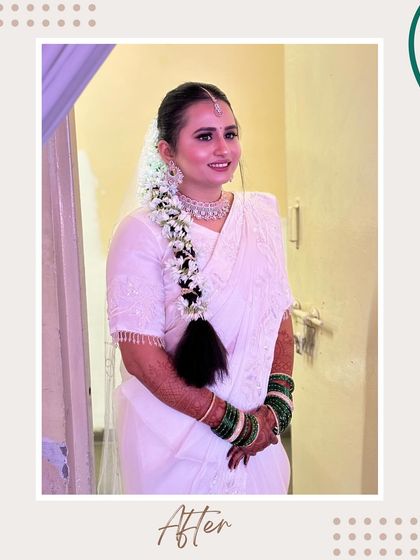 A beautiful South Indian inspired bridal look. I created a classic winged eyeliner and a radiant base, complemented by a traditional gajra braid hairstyle for a timeless appeal.