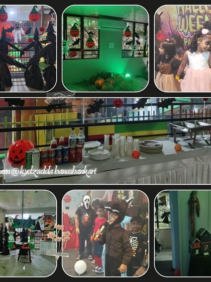 A collage capturing the spooky, fun-filled atmosphere of our Halloween celebration at the Banashankari center, with themed decorations, food, and costumed kids.