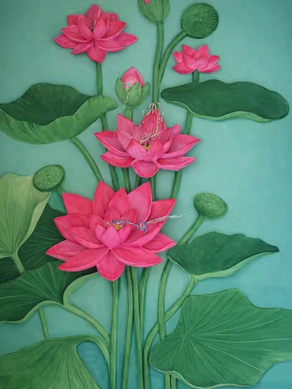 The completed lotus mural, shown here with delicate dragonflies added as a final touch. This piece was designed for a sacred setting, with every element from the soft forms to the layered textures intended to create a sense of harmony and presence.