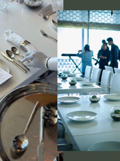 A collage showing the setup and service at a modern, elegant dinner.