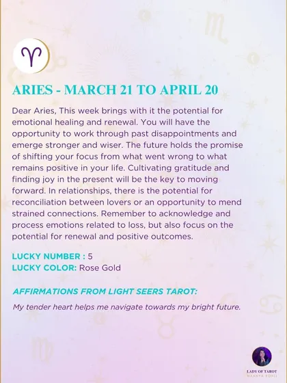 This week's tarot reading for Aries. The reading brings with it the potential for emotional healing and renewal. The future holds the promise of shifting your focus.