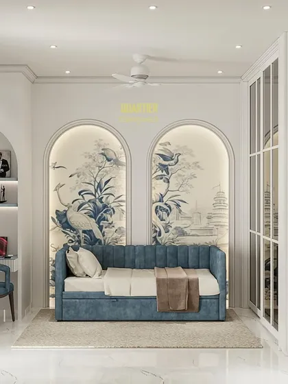 A beautiful guest bedroom concept for ATS Rhapsody, featuring a sofa-cum-bed for flexibility. The walls are adorned with arched panels and Chinoiserie-style wallpaper, creating a sophisticated and artistic space.