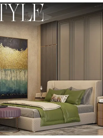 I believe a bedroom should be a stylish sanctuary. This design uses a rich color palette with olive green bedding and a deep purple bench, complemented by textured wall panels and a dramatic piece of abstract art to create a lavish yet comfortable atmosphere.