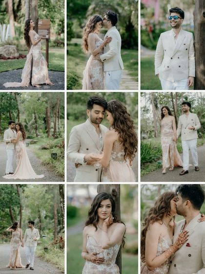 This collection of images tells the story of the couple's pool party photoshoot. It features a variety of romantic, candid, and posed shots of them enjoying the beautiful outdoor setting together.