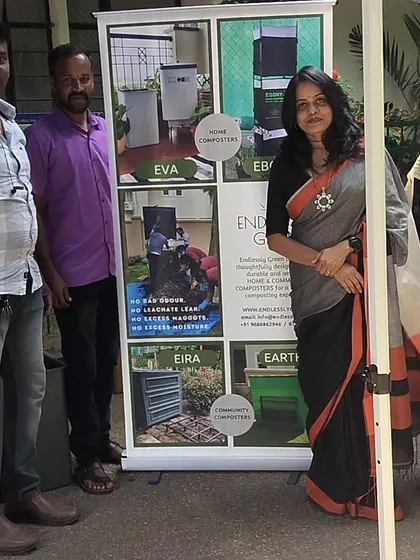 This standee showcases the full range of Endlessly Green composters. It highlights the key benefits like no bad odor, no leachate leaks, and no excess maggots, which are the result of years of research and thoughtful design.