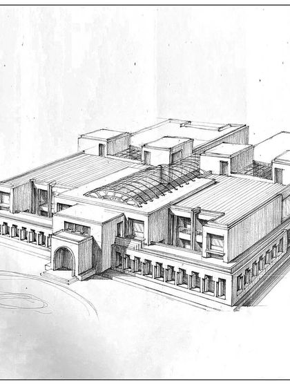 A simple elevation sketch proposal for a project. Every great building starts with an idea, captured through lines on paper, exploring form, scale, and proportion.