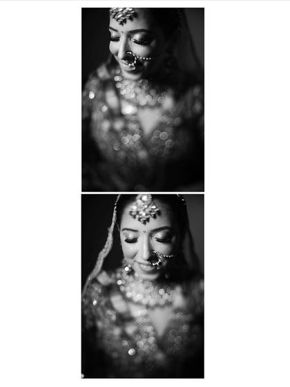 A black and white collage that captures the bride's gentle smile and the intricate details of her makeup and jewelry, giving it a classic, timeless feel.