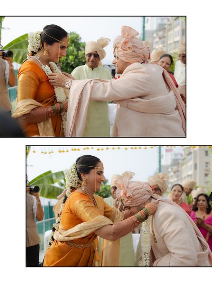 A collage from a South Indian wedding, showing the garland exchange (maalai maatral). The joy and tradition of this important ritual are beautifully captured.