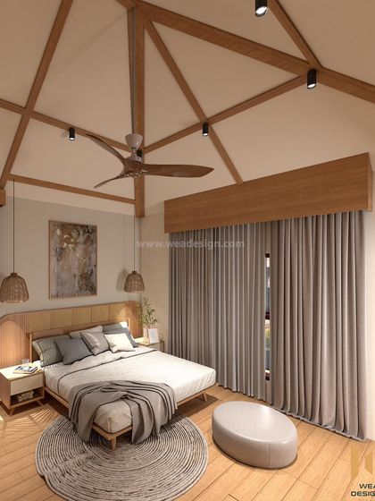 A full view of the Japandi bedroom, showing the high ceilings and simple, elegant furnishings.