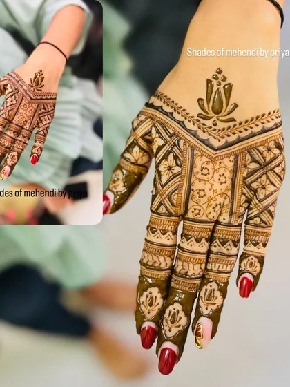 This design shows the fresh henna paste and the beautiful stain it leaves behind. The pattern is a mix of geometric lines and a bold lotus motif.
