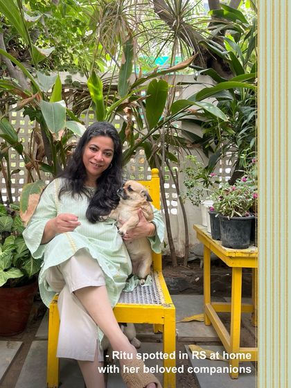 Ritu, our head designer, spotted at home in our Suhani mint kurta. She creates clothes that feel like home: soft cottons, breezy silhouettes, and the quiet strength of Indian embroidery.