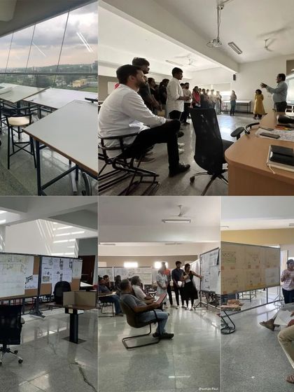 A collage showing our team in action during design reviews and workshops. This collaborative process of learning and un-learning is what keeps our studio's creative spirit alive.