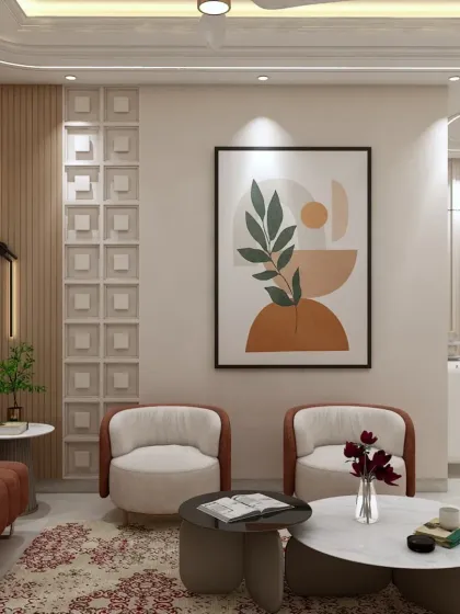 This living room uses a warm, earthy color palette with pops of terracotta. The large abstract painting and textured wall panels add an artistic and sophisticated touch.