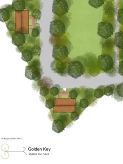 Our landscape architecture focuses on integrating individual structures within a lush, green environment. This detailed view shows how pathways and cottages are nestled among planned green spaces to create a sense of privacy and connection to nature.