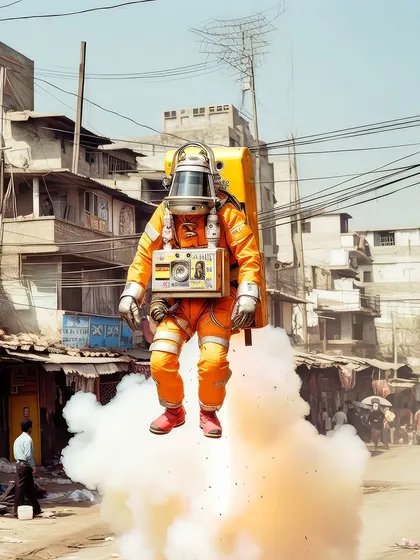 An astronaut in a bulky, industrial-looking suit hovers over a dusty street using a jetpack. This explores a different, more rugged type of personal flight technology in 'Rocketganj'.