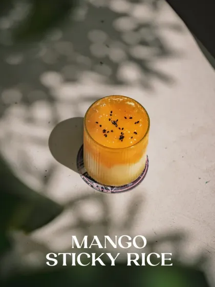 The Mango Sticky Rice drink, a tropical and creamy creation that is both nostalgic and stunningly inventive.