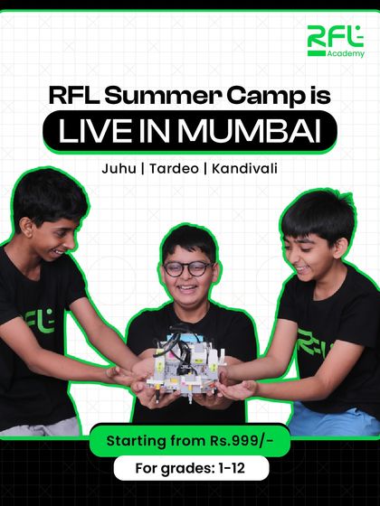 Our Summer Camp is live in Mumbai. This poster announces our camp locations in Juhu, Tardeo, and Kandivali, with courses for grades 1-12 starting from ₹999.