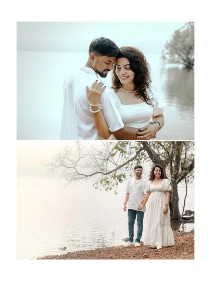 Two portraits showing the couple's connection by the water, one close-up and one wider shot to include the peaceful scenery.