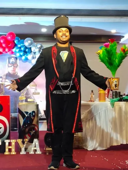 Welcoming the audience at a themed birthday party. I always start my show with high energy to get everyone excited.