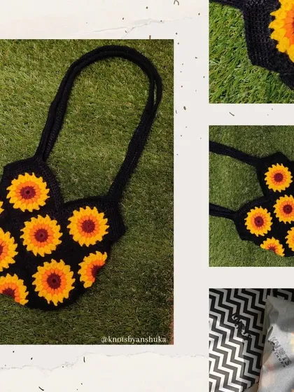 A collage showing different angles of the sunflower tote bag, including a close-up of the granny square details and how it looks when carried.