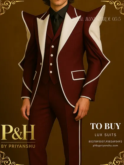 A detailed close-up of the wine and white suit's torso. This view highlights the precise white piping, the structure of the lapels, and the tailored fit of the waistcoat.