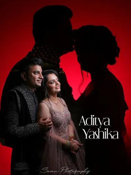 A creative silhouette portrait of the couple against a red background, overlaid on a color photo of them.