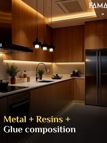 The unique composition of M-Core™, blending metal, resins, and specialized glue, results in a high-performance material. This kitchen, with its warm wood finish and ambient lighting, is built upon that foundation of strength and durability.