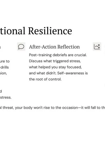 We build emotional resilience through progressive stress exposure. Drills that simulate real-world threats normalize the stress response, and after-action reflection helps you understand your triggers and build self-awareness.